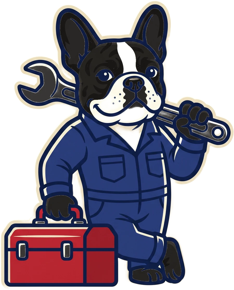 Rocky drawn as the shop mascot, in navy coveralls with a wrench and toolbox